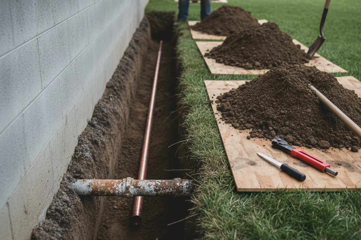 Excavated water line trench during Water Softener Installation in Helton